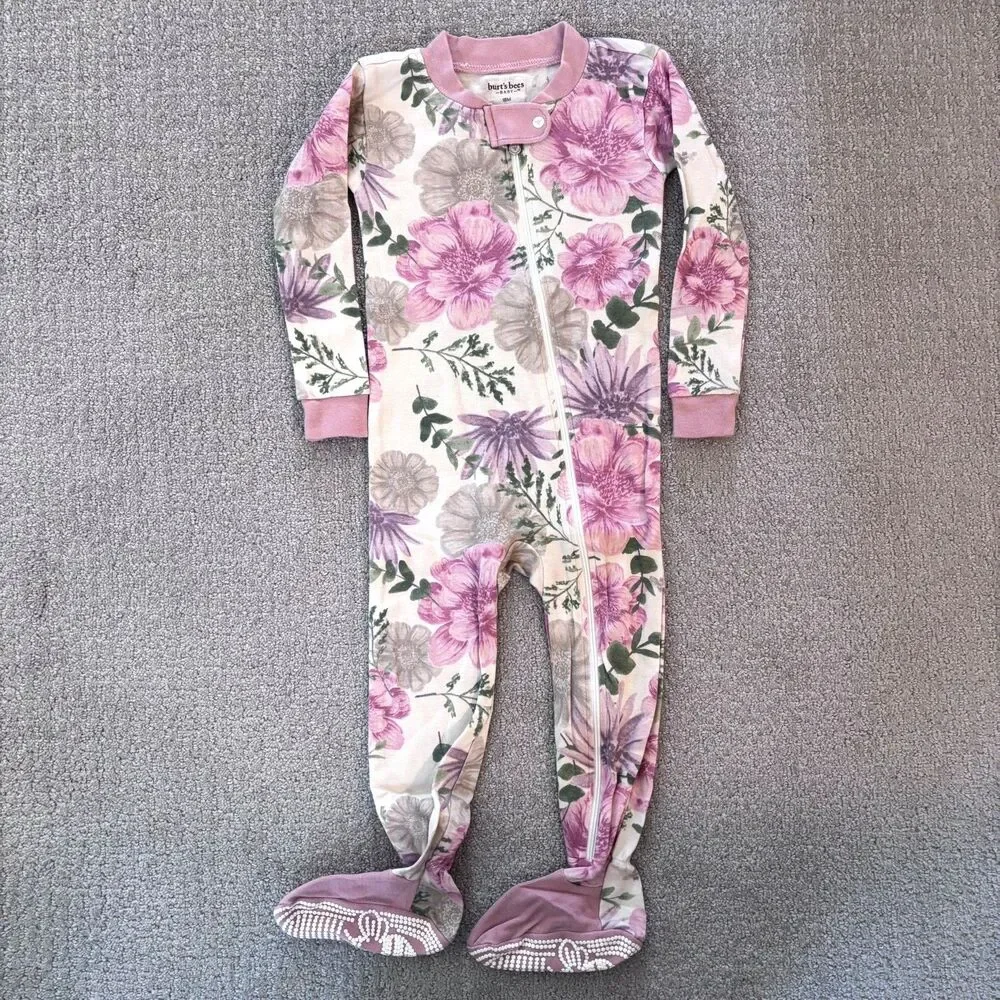 Burt’s Bees Baby Girl 18 Months Zip Up Footie Pajama Pink Flowers Organic Cotton